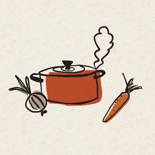 Illustration für das Cover von Omas Rezeptbuch. Gezeichnete Küchenutensilien und Zutaten.