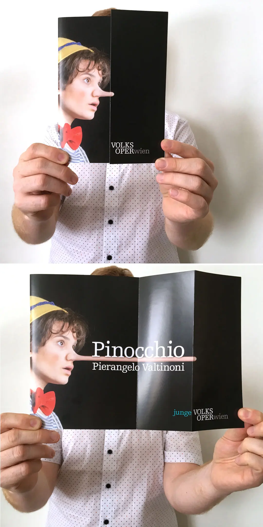 Aufgeschlagenes Programmheft der Kinderoper Pinocchio.